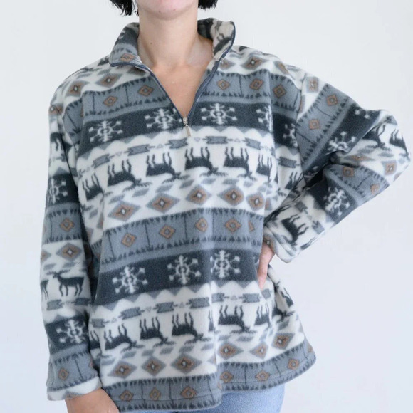 Vintage Trend Basics Grey & Cream Reindeer  Fleece Quarter Zip Sweater M - Picture 2 of 12